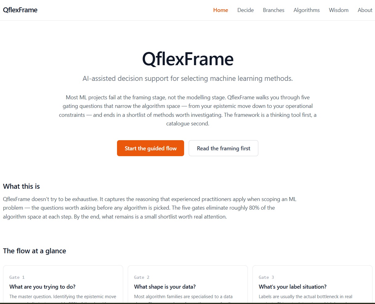 QFlexFrame — Suport decizional asistat de AI pentru selectarea metodelor de machine learning, cu cinci întrebări de filtrare și flux ghidat